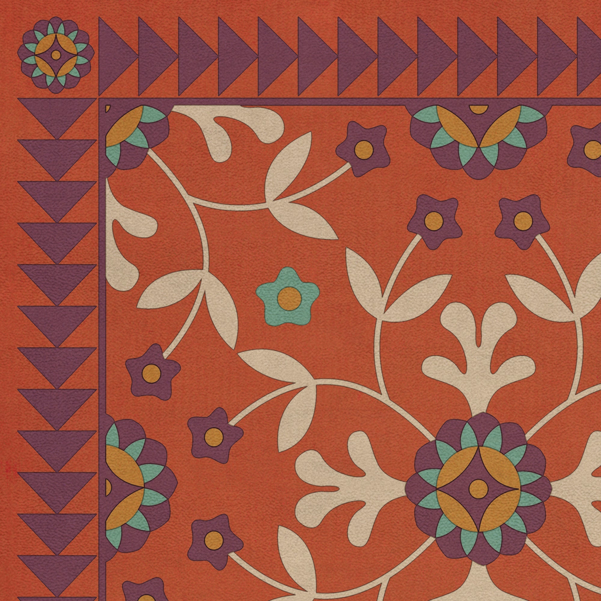 Folk Art Museum Whig Rose The Flaming Heart Vinyl Floor Cloth