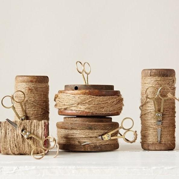 Found Wooden Spool With Jute & Scissors