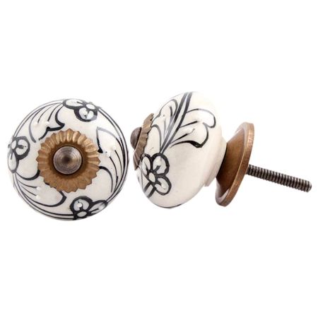 Hand Painted Black &amp; White Floral Knob