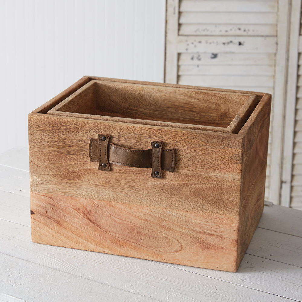 Leather Handled Mango Wood Storage Box Set