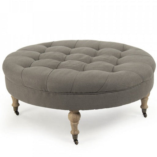 Maison Grey Linen Tufted Round Ottoman