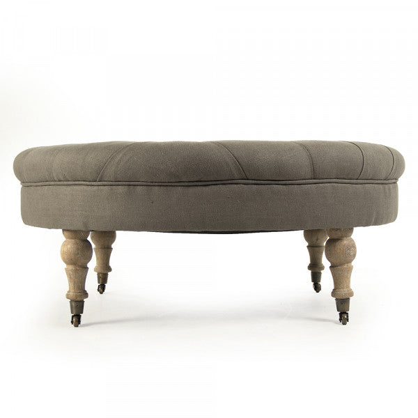 Maison Grey Linen Tufted Round Ottoman
