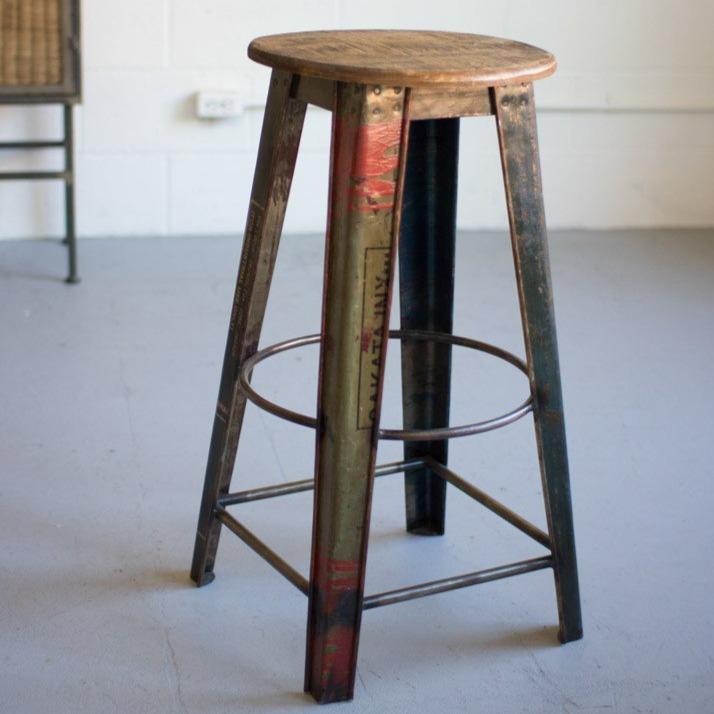 Recycled Metal Bar Stool With Wood Top
