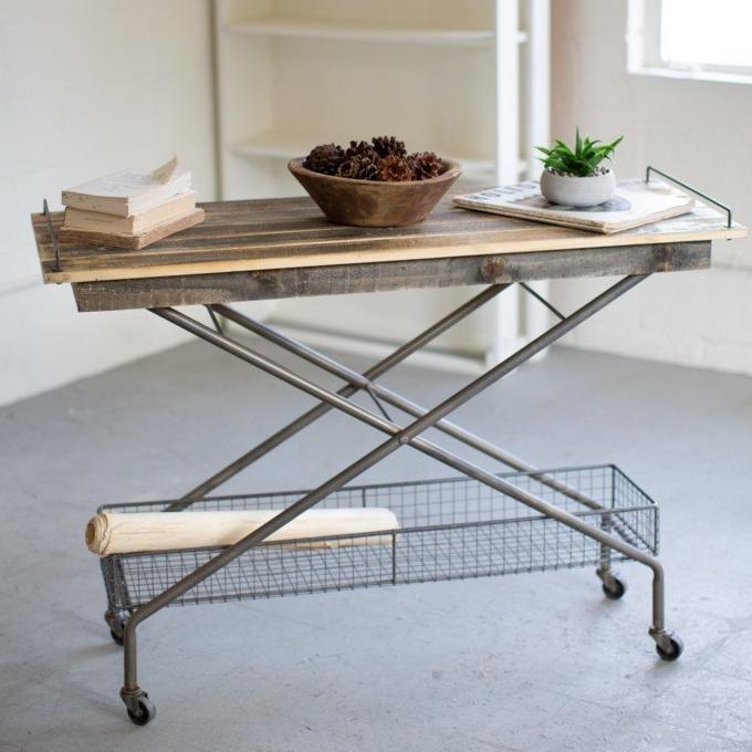 Recycled Wood Console With Rolling Basket Base