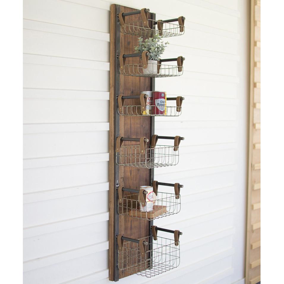Recycled Wood &amp; Metal Wall Rack With Baskets