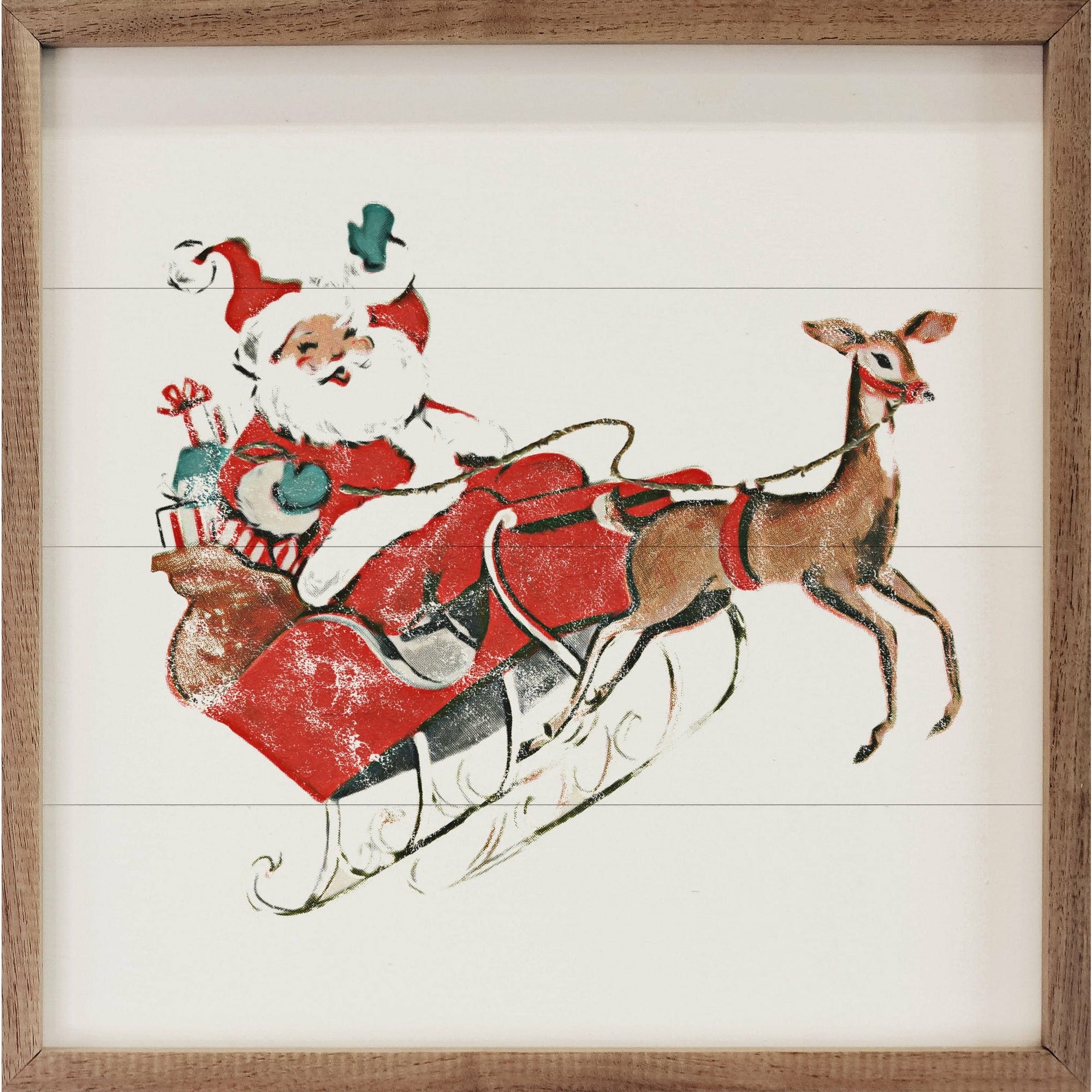 Santa And Reindeer Retro Wood Framed Print