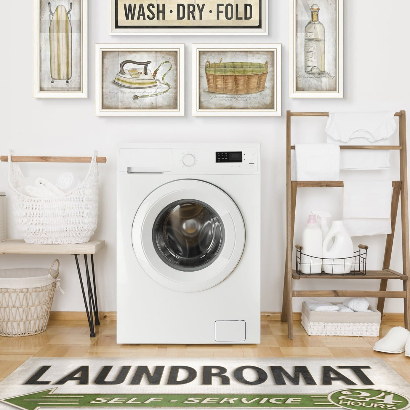 Vintage Vinyl Laundromat White Vinyl Floorcloth