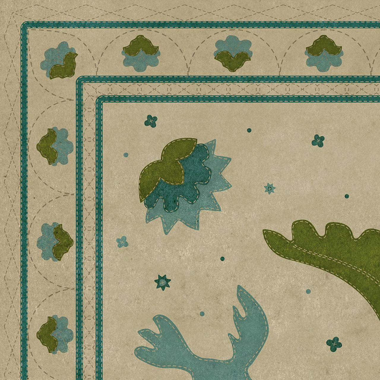 Williamsburg Applique Azure Moss Vinyl Floor Cloth