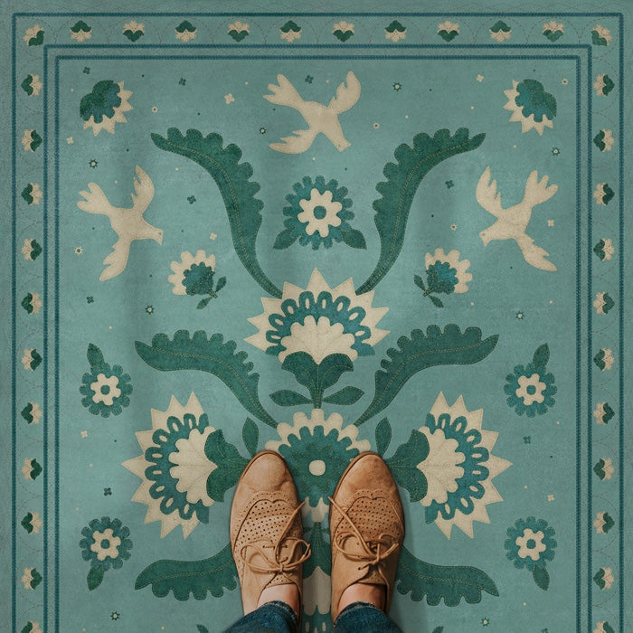 Williamsburg Applique Barred Clouds Bloom Vinyl Floor Cloth