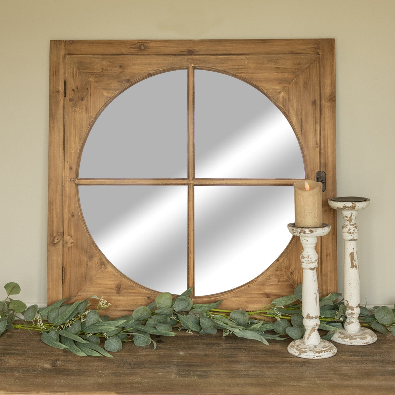 Wood Framed Windowpane Round Mirror