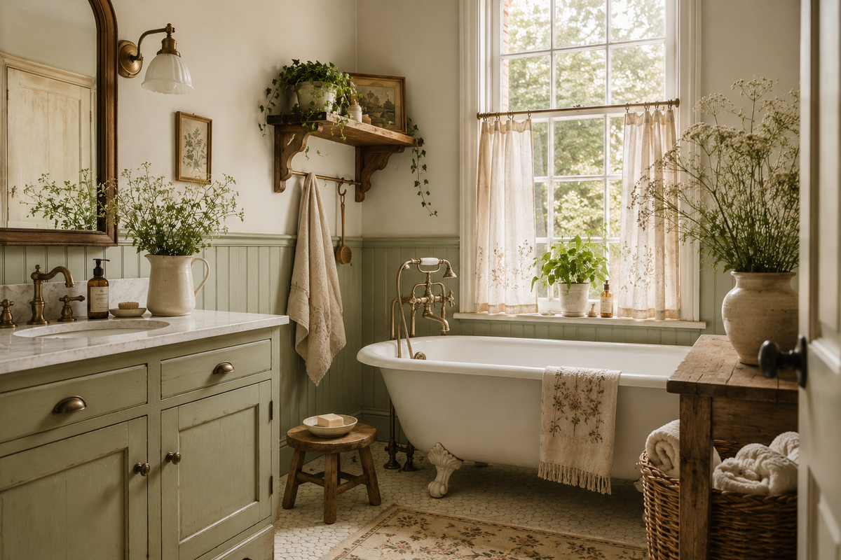 Cozy vintage farmhouse bathroom retreat