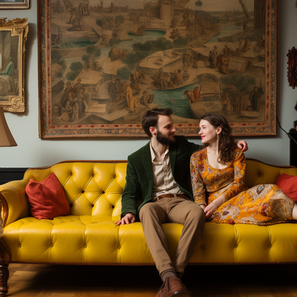 young couple with vintage furniture