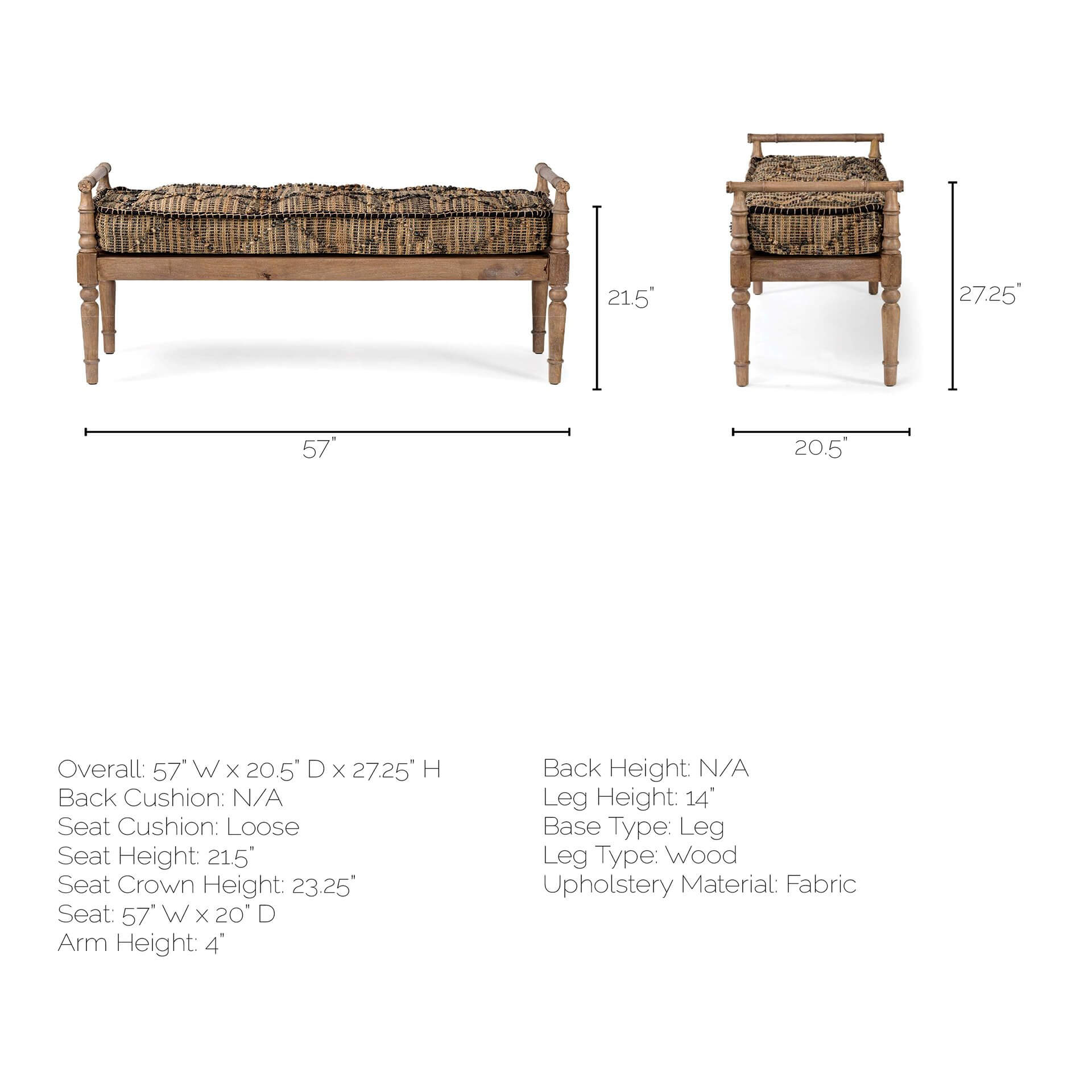 Fullerton Jute & Carved Wood Bench