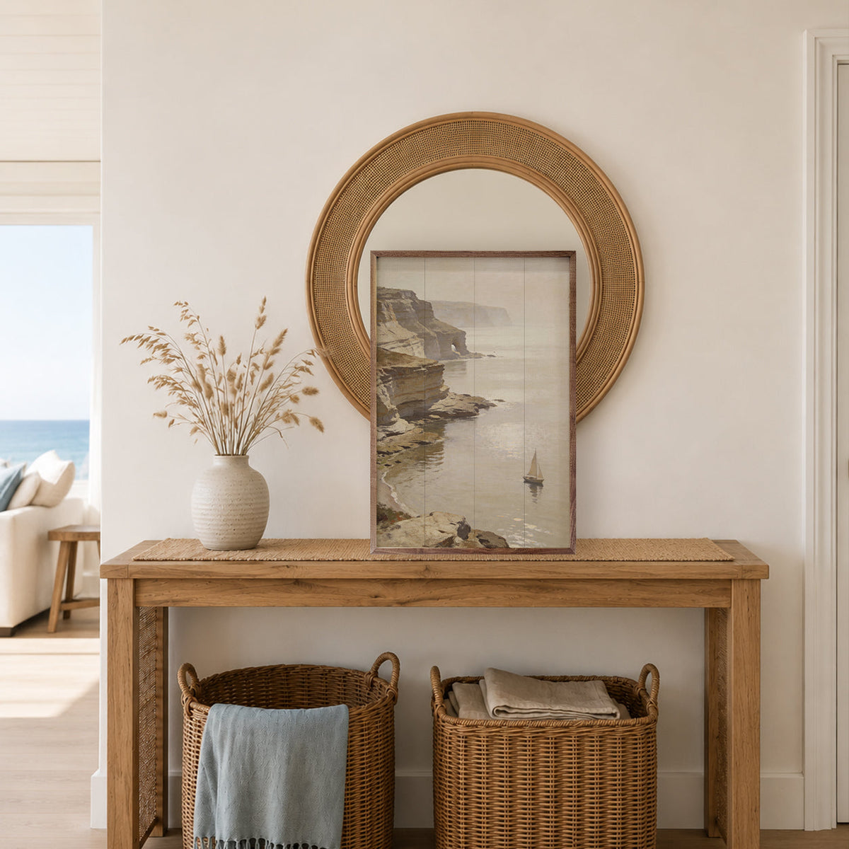 Cliffside Coastal Sail Wood Framed Print
