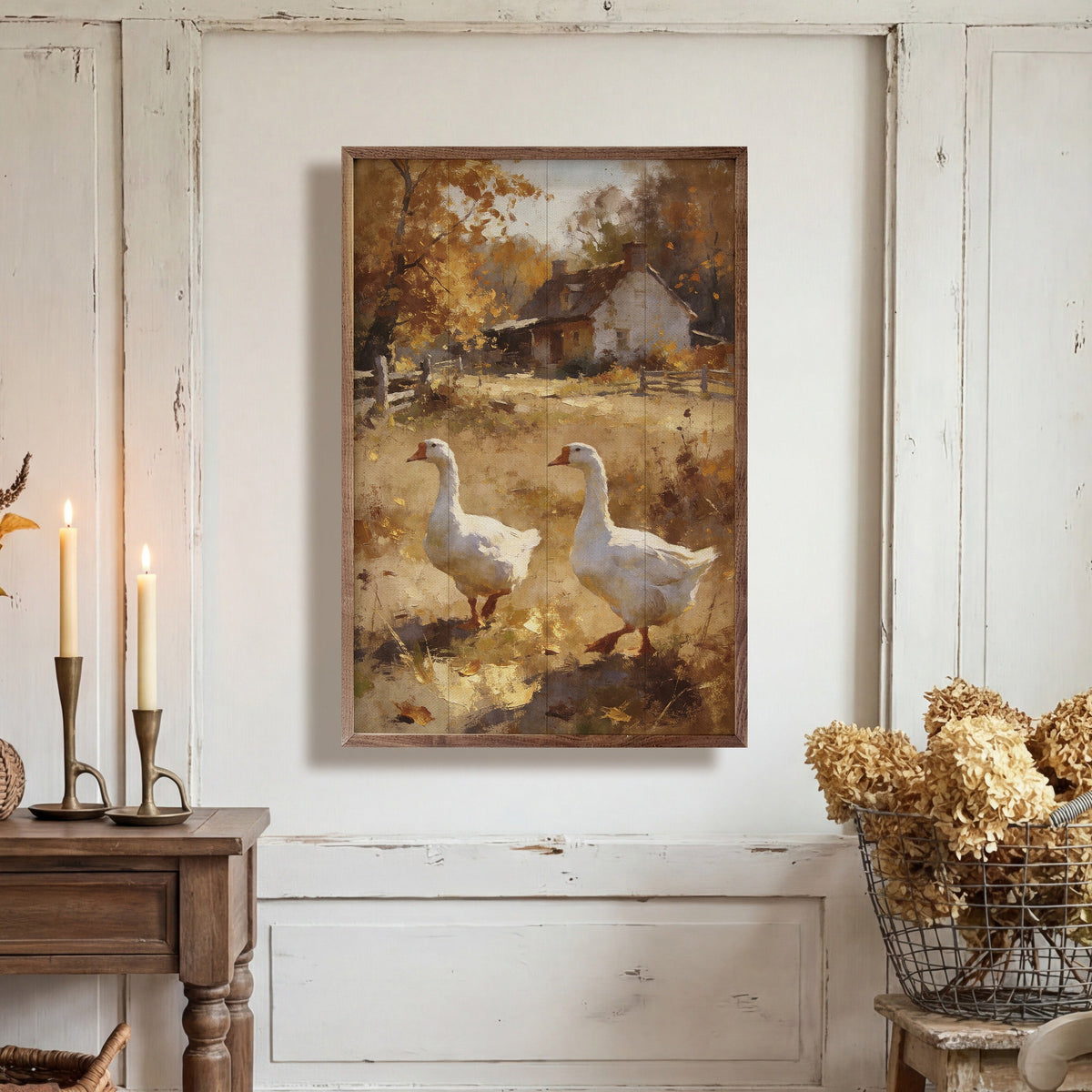 Country Geese In Autumn Field Wood Framed Print
