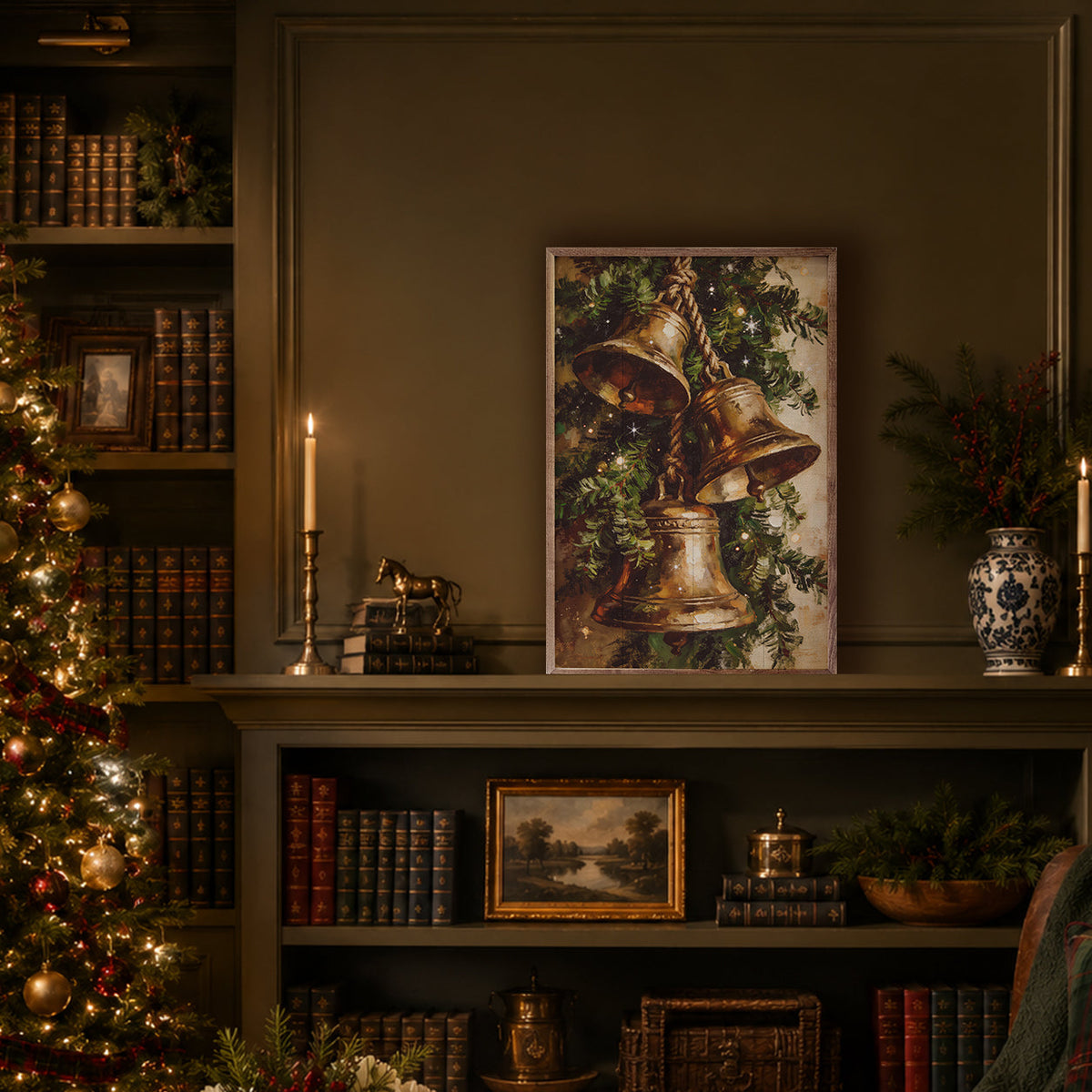 Evergreen Christmas Bells Wood Framed Print