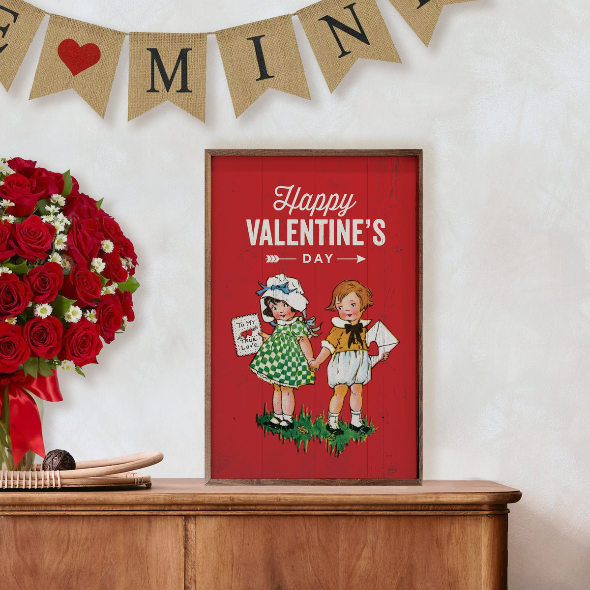 Happy Valentine's Vintage Style Wood Framed Print
