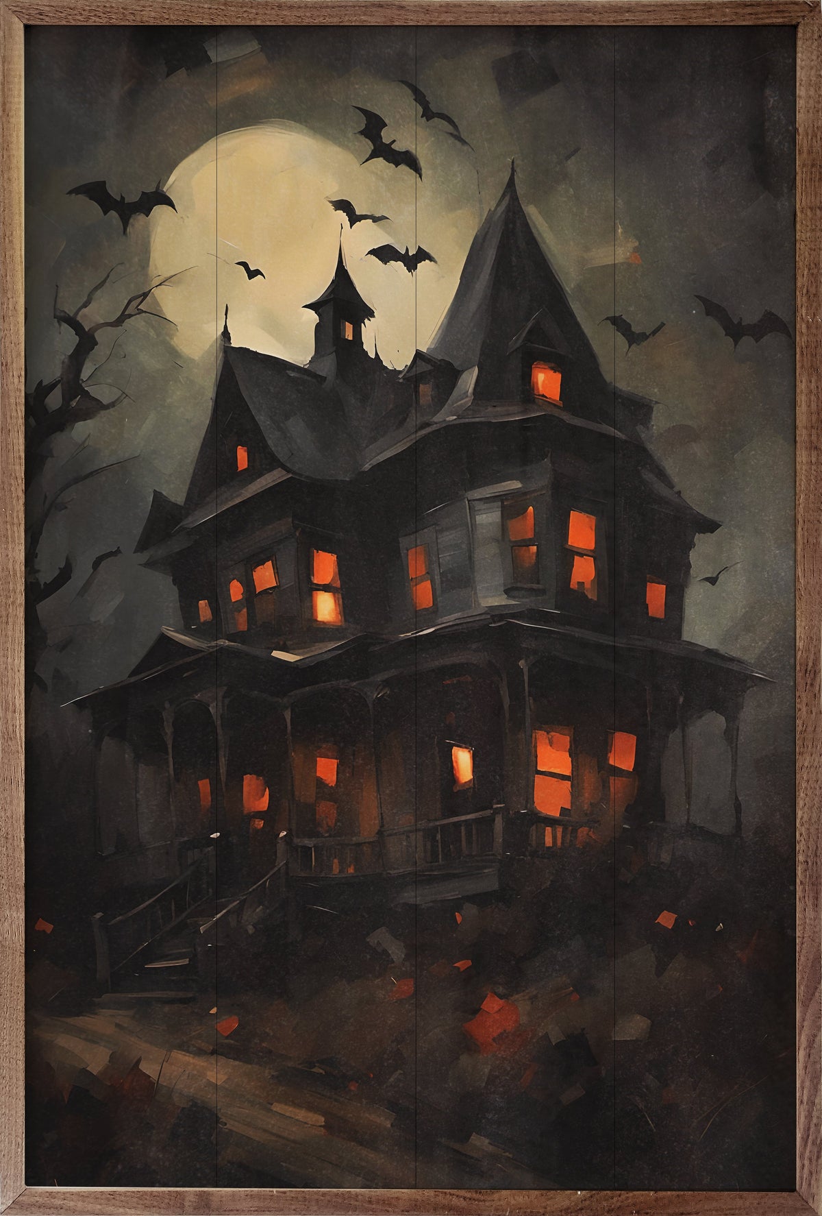 Haunted House With Bats Wood Framed Print
