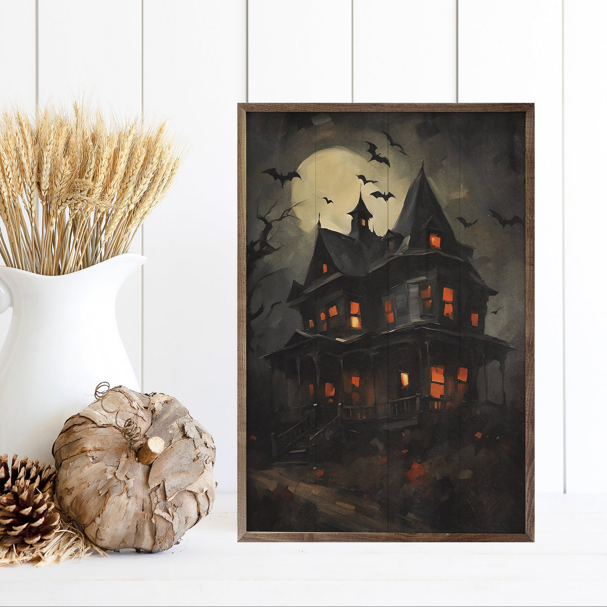 Haunted House With Bats Wood Framed Print