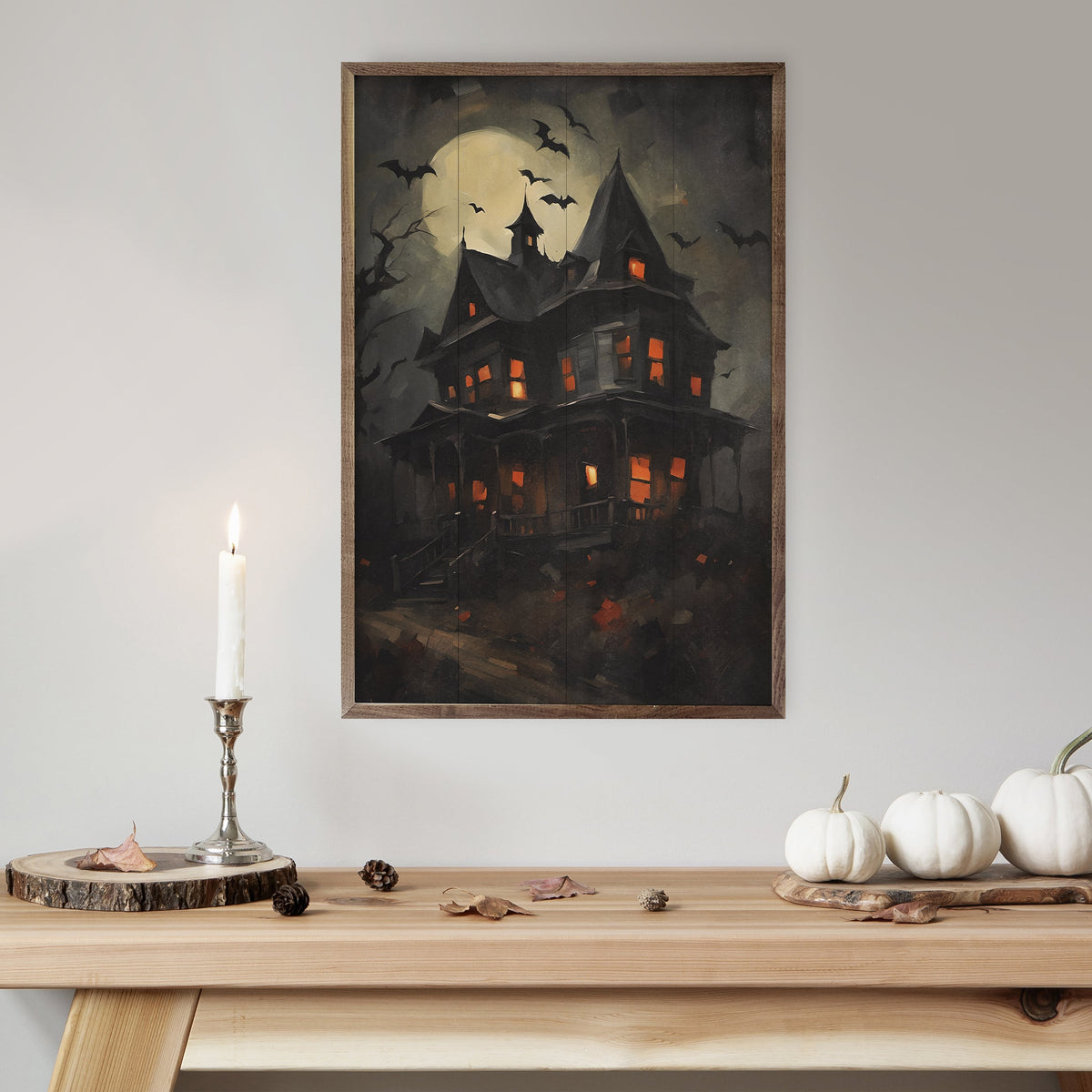 Haunted House With Bats Wood Framed Print