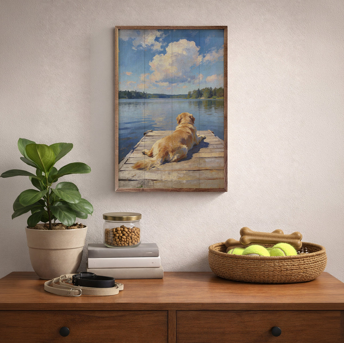 Lakeside Golden Retriever Wood Framed Print