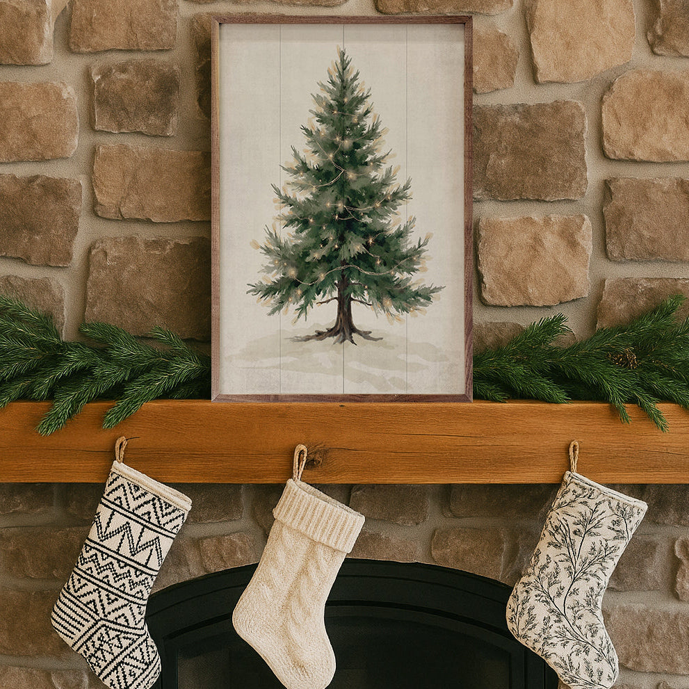 Lighted Pine Tree Wood Framed Print