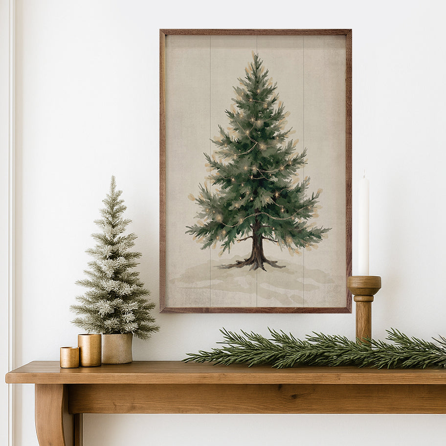 Lighted Pine Tree Wood Framed Print