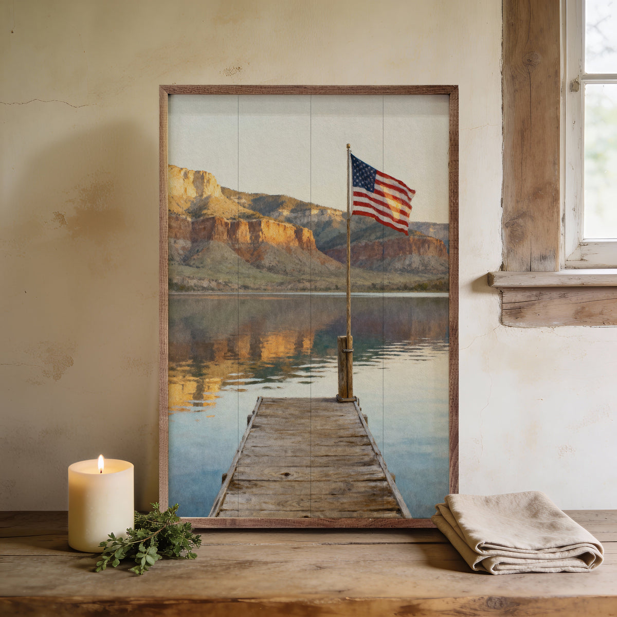 Mountain Lake Flag Dock Wood Framed Print