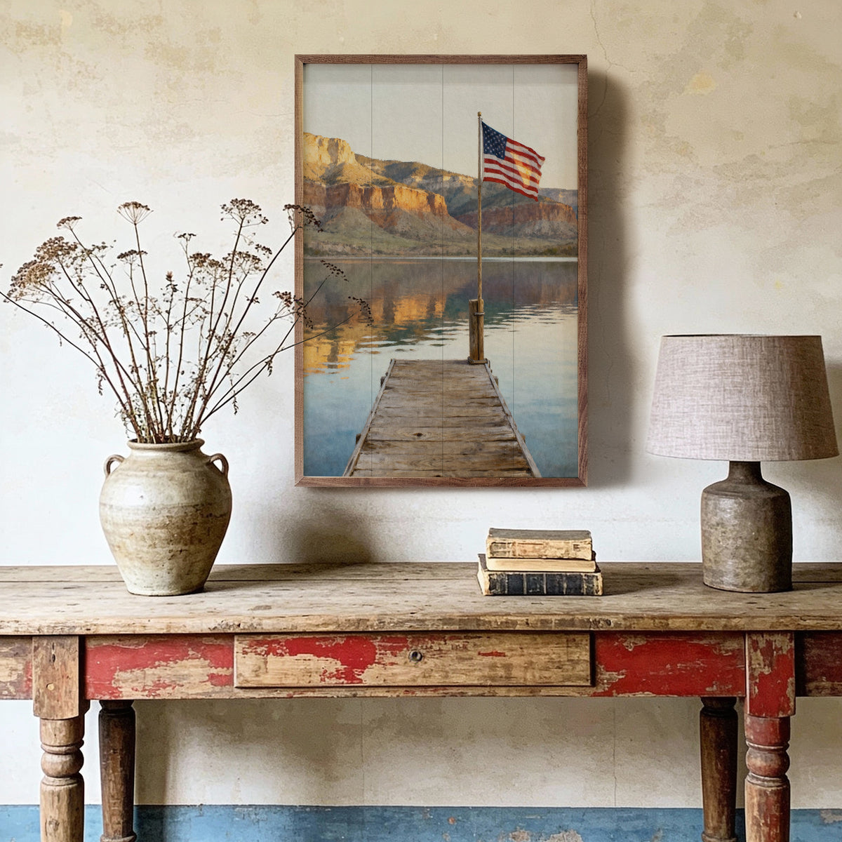 Mountain Lake Flag Dock Wood Framed Print