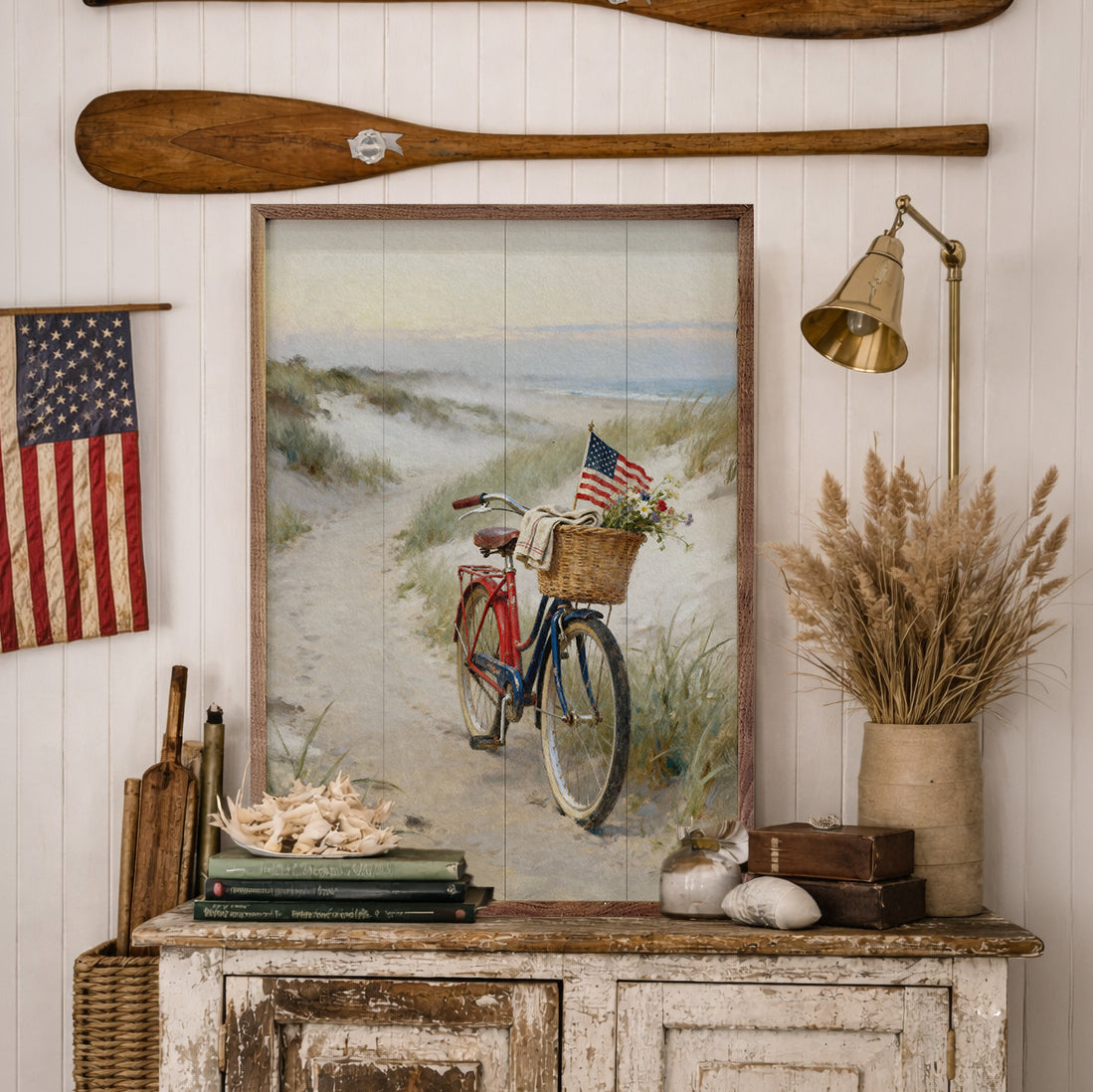 Patriotic Bike On The Coast Wood Framed Print