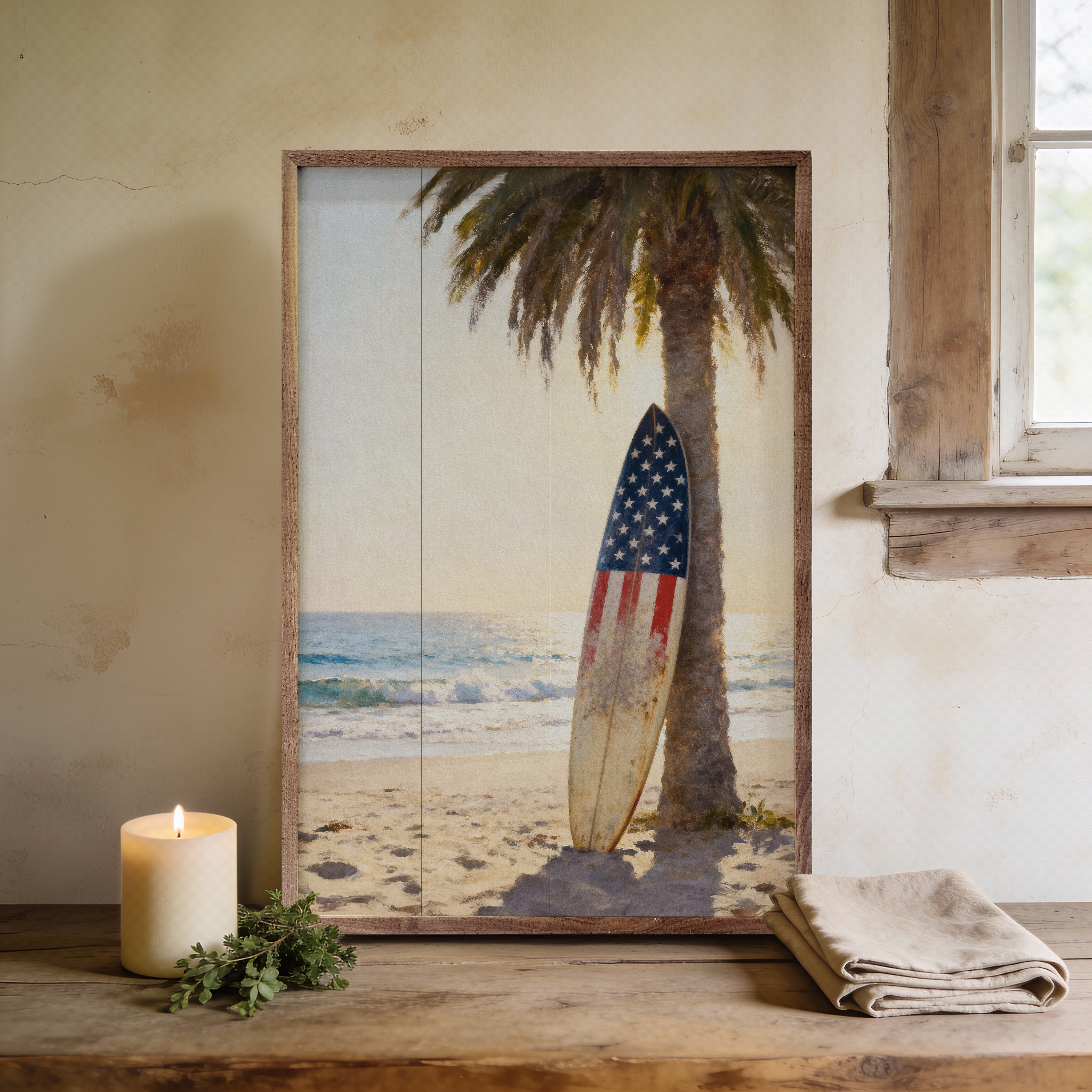 Patriotic Surfboard Beach Wood Framed Print