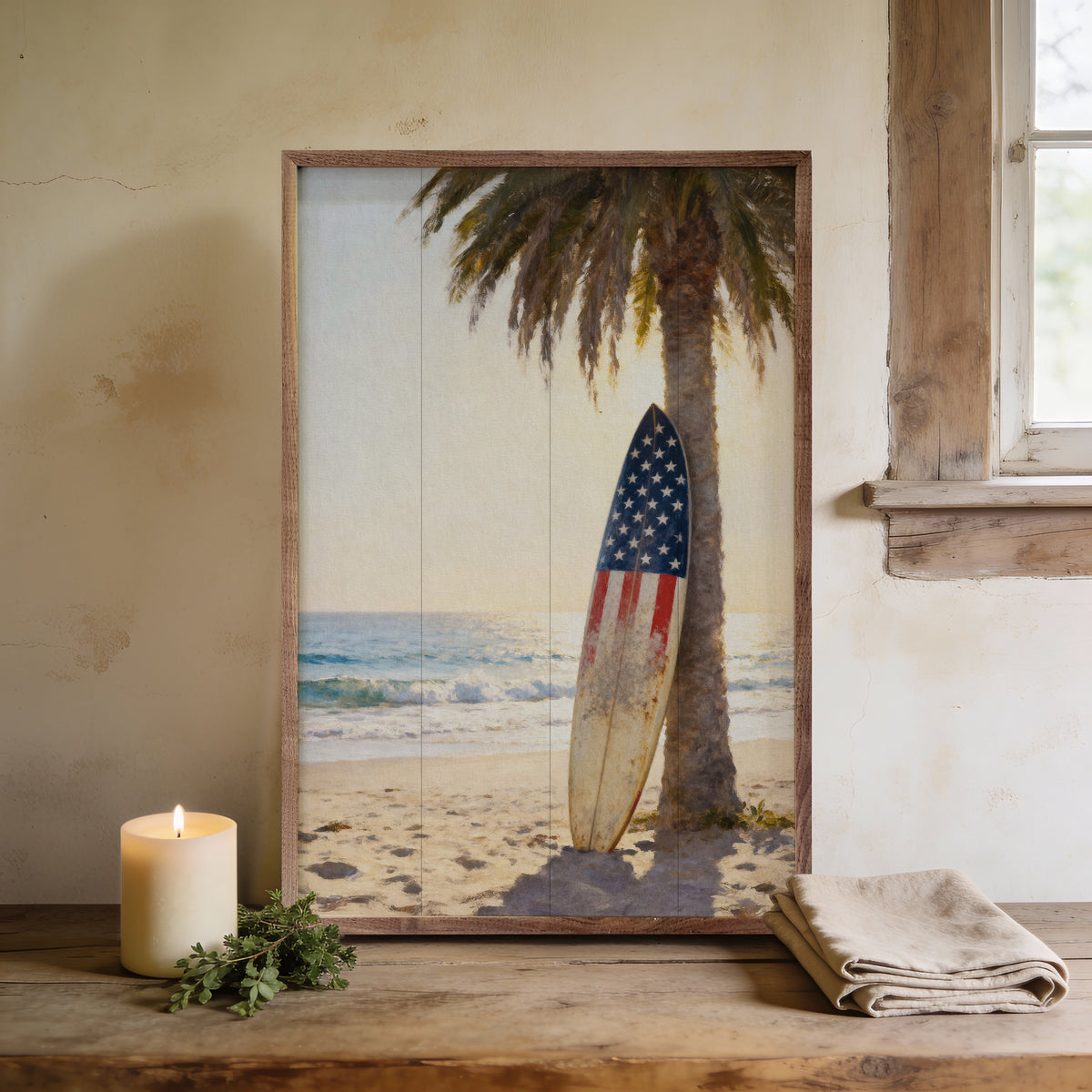 Patriotic Surfboard Beach Wood Framed Print