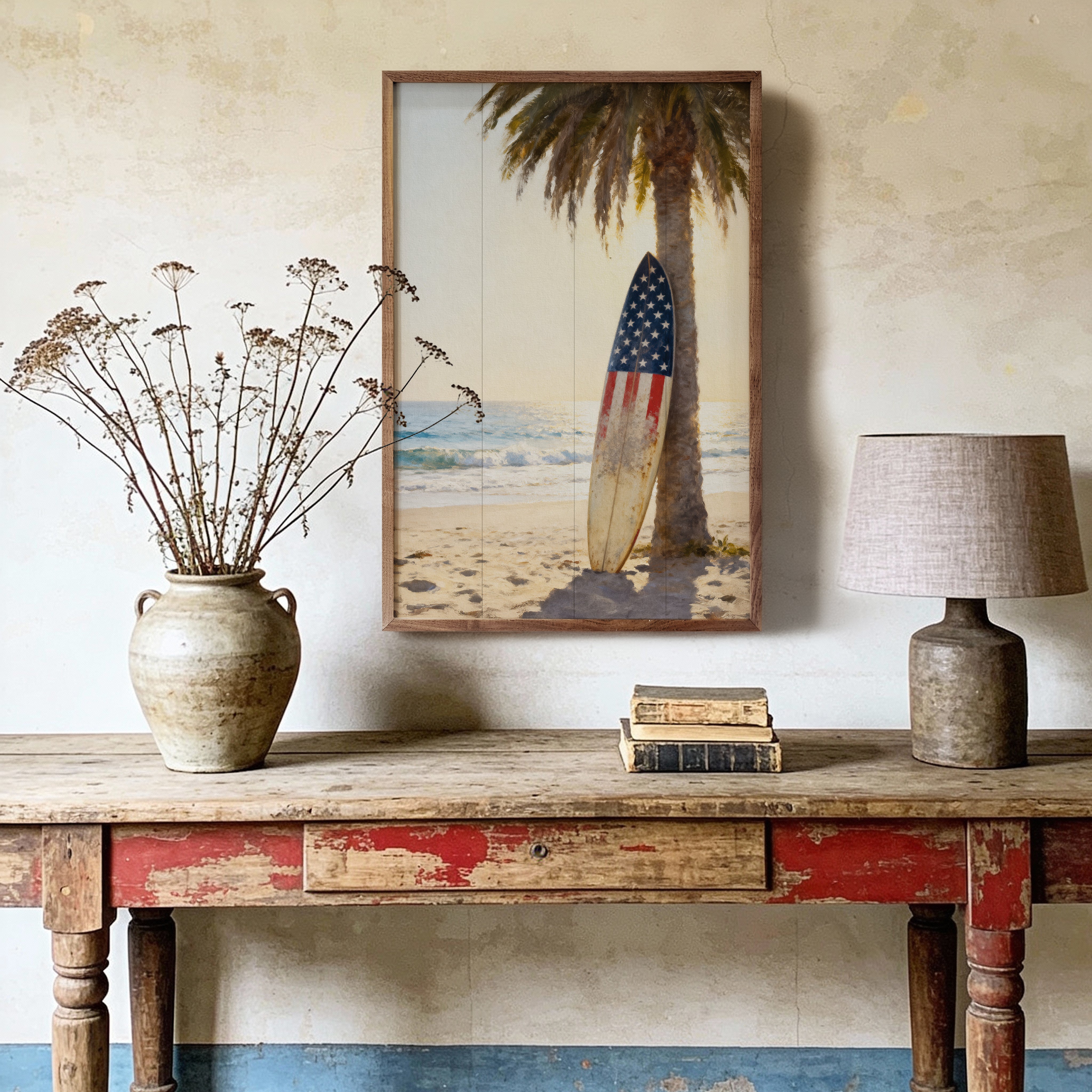 Patriotic Surfboard Beach Wood Framed Print