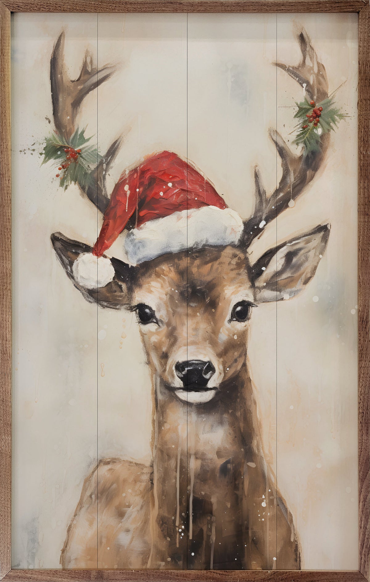 Reindeer With Santa Hat Wood Framed Print