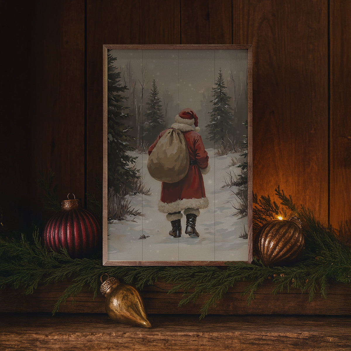 Santa Claus Walking In Timber Wood Framed Print