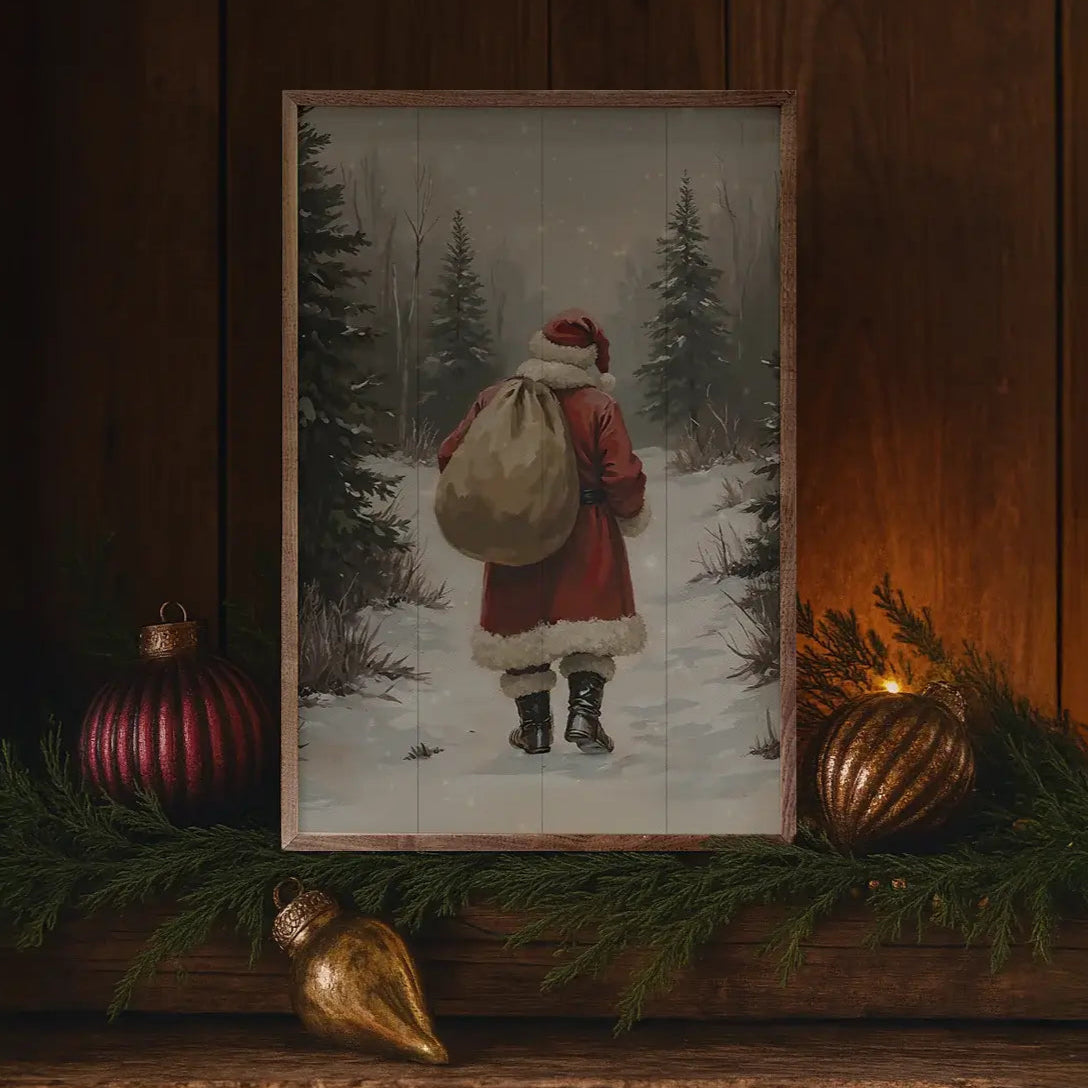 Santa Claus Walking In Timber Wood Framed Print