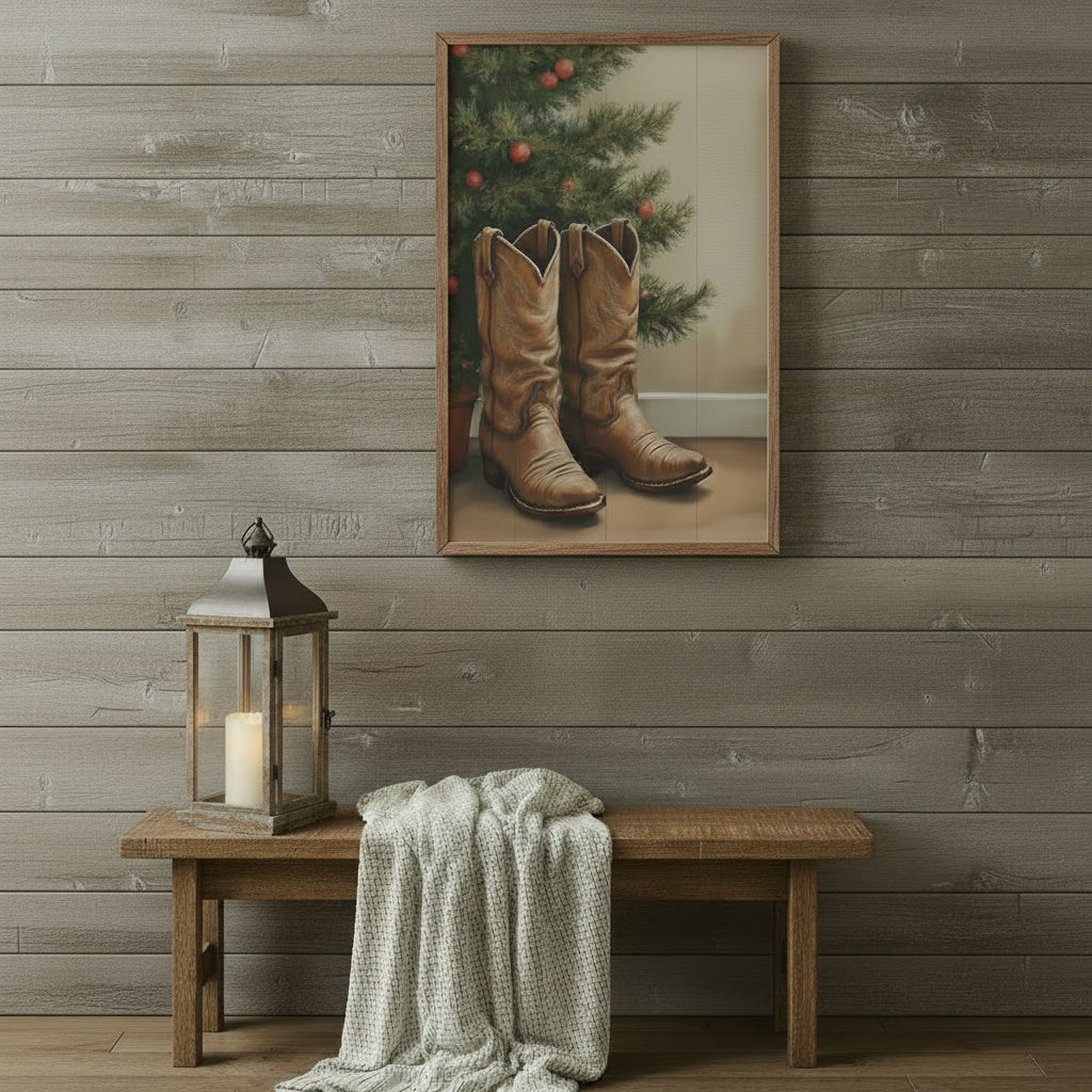 Cowboy Boots By Christmas Tree Wood Framed Print