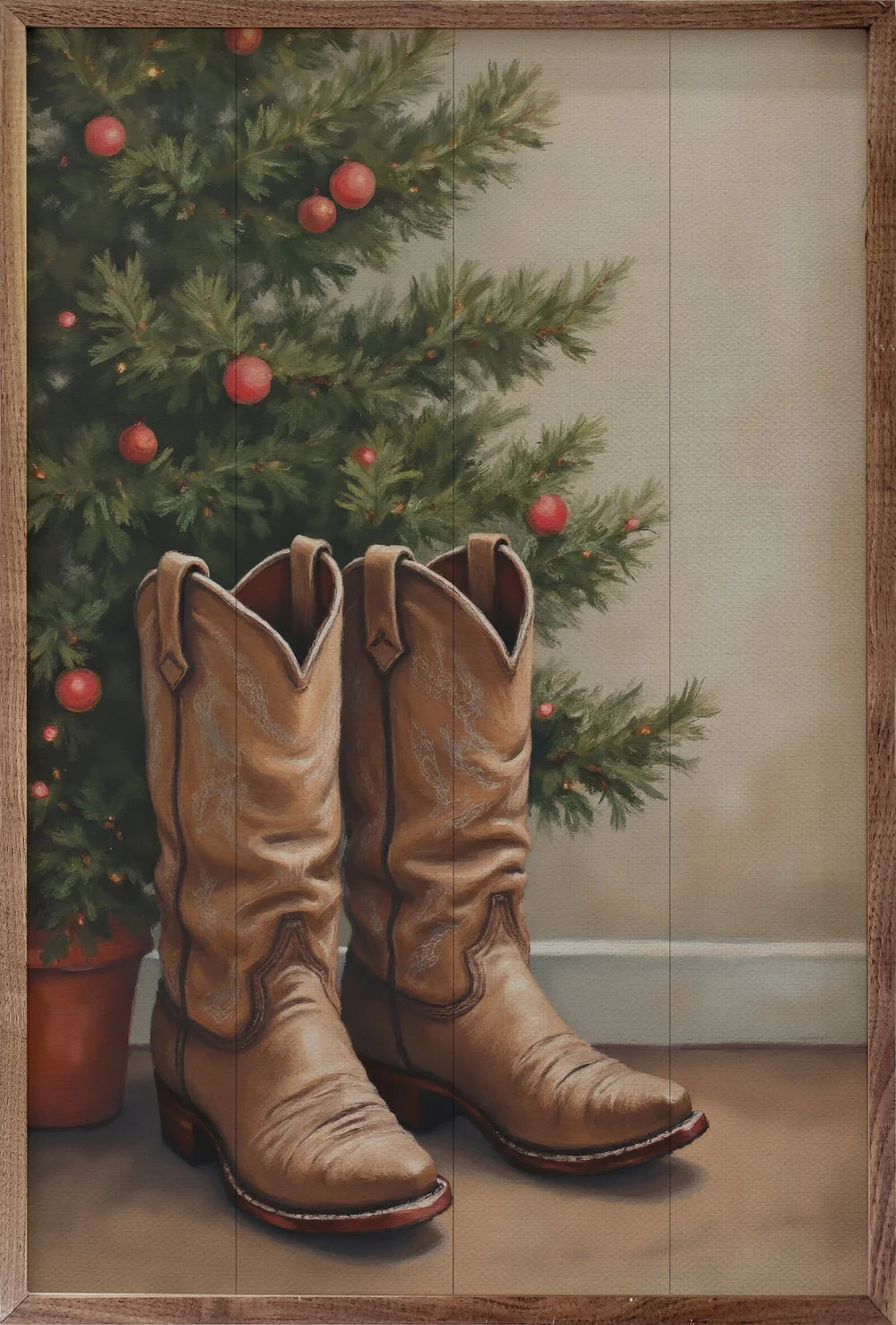 Cowboy Boots By Christmas Tree Wood Framed Print