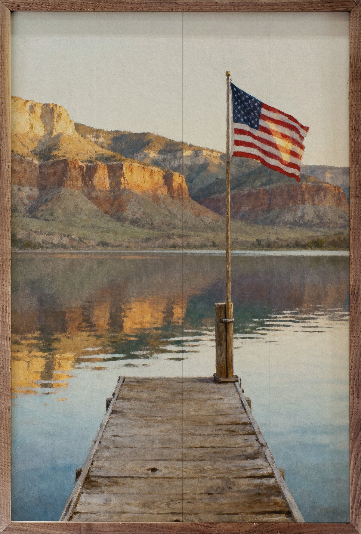 Mountain Lake Flag Dock Wood Framed Print