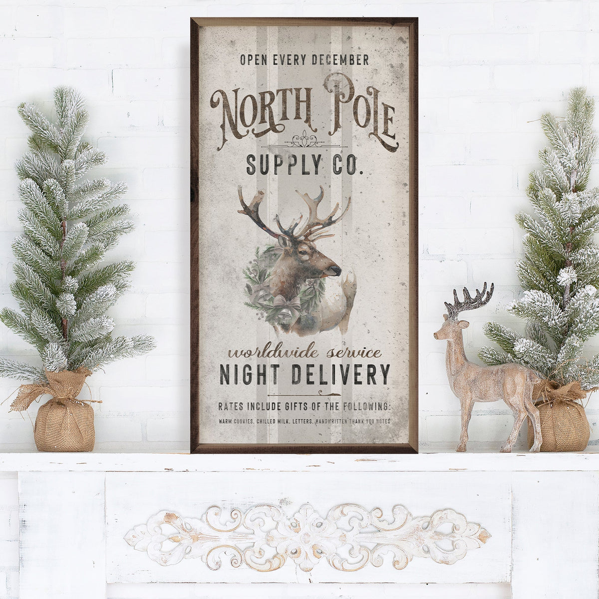 North Pole Supply Co Reindeer Wood Framed Print
