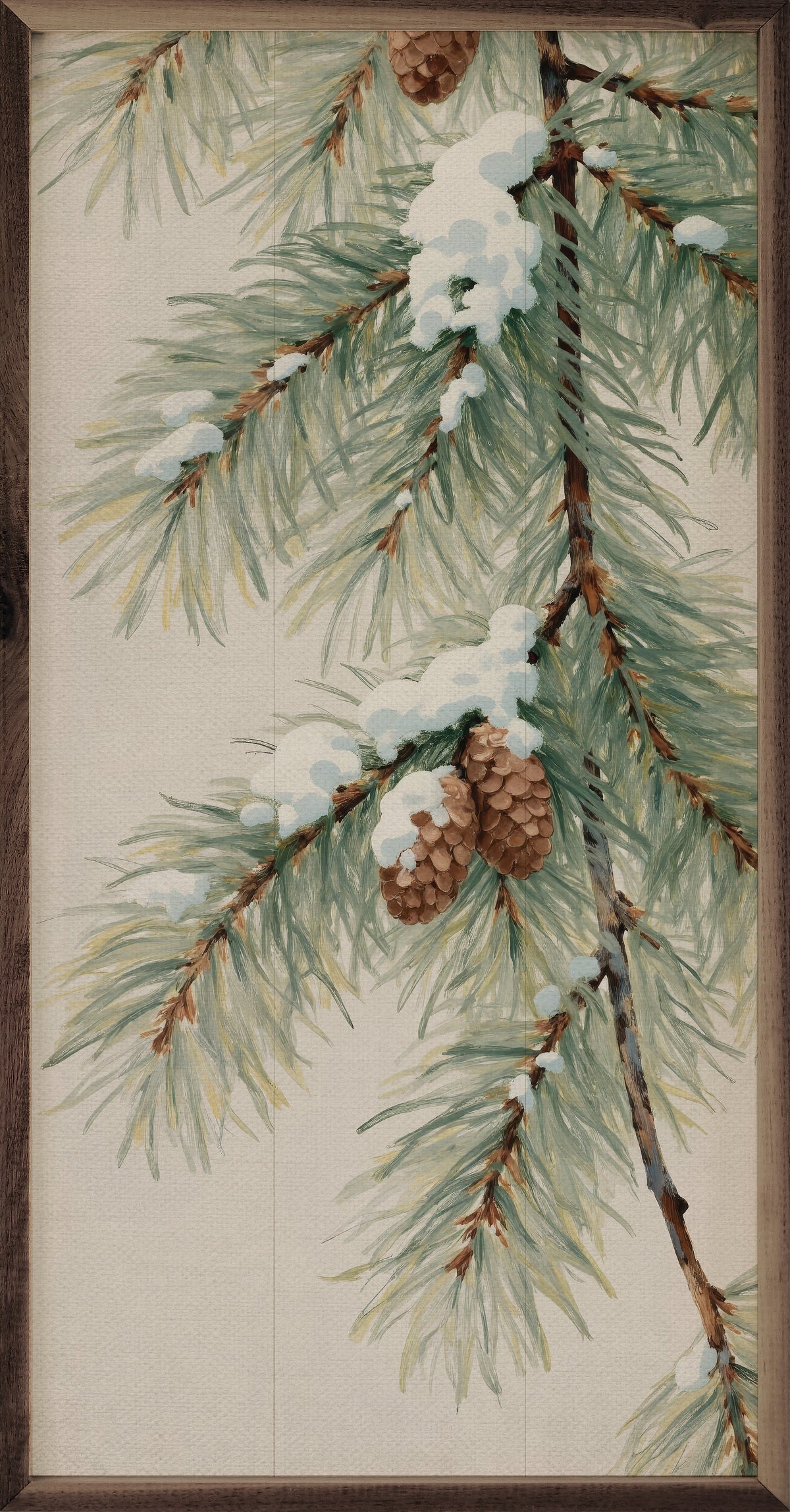 Snowy Pine Branch Vertical Wood Framed Print