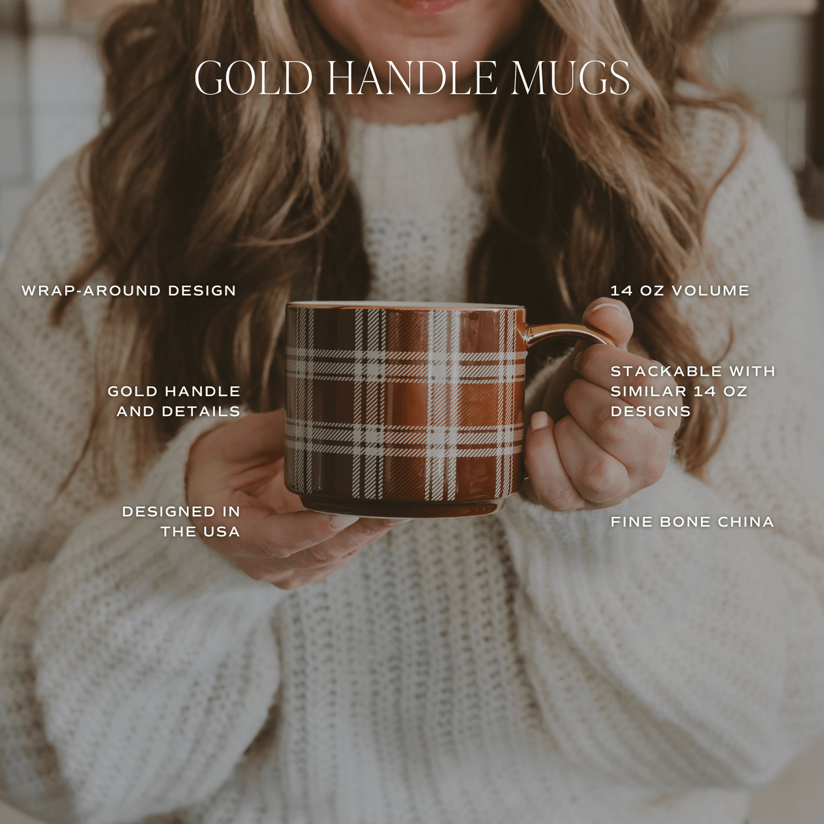 Brown Plaid Gold Handle Coffee Mug