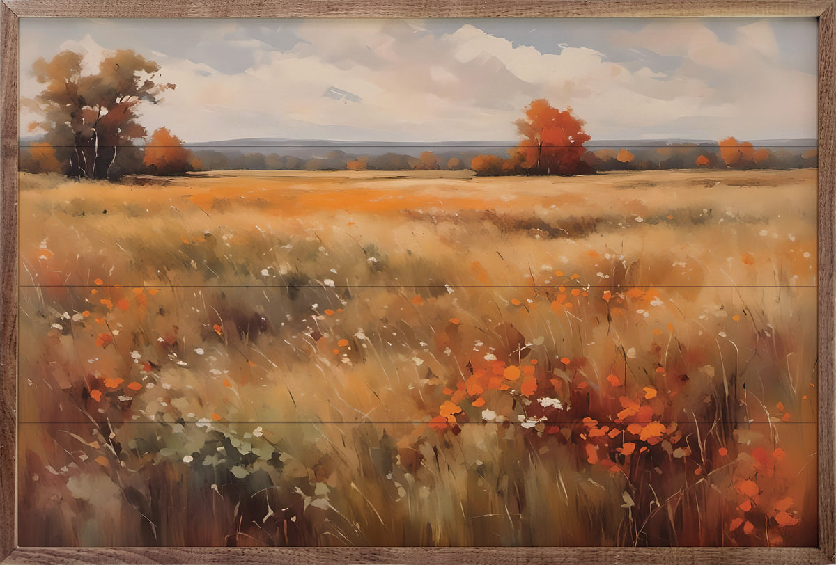 Autumn Field With Orange Wood Framed Print
