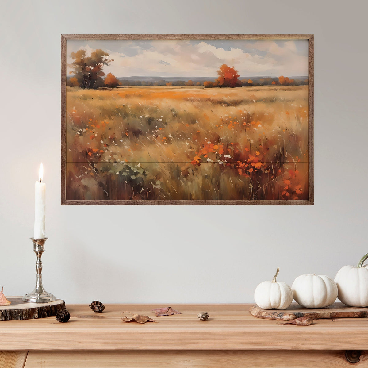Autumn Field With Orange Wood Framed Print