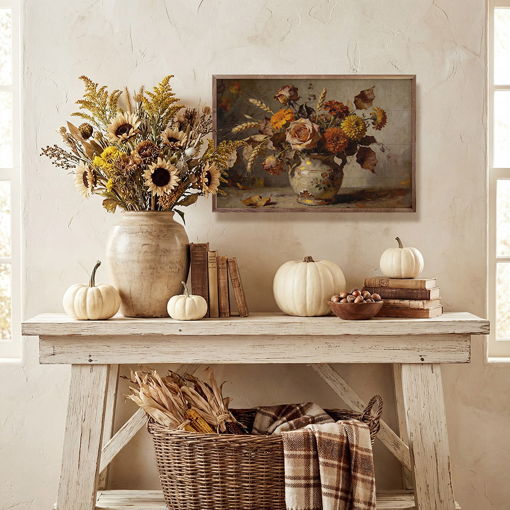 Autumn Rose & Wildflower Arrangement Wood Framed Print