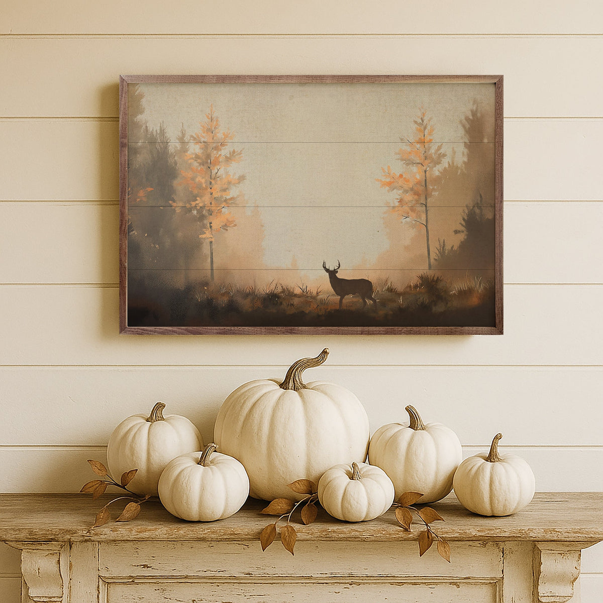 Deer In Autumn Lane Wood Framed Print