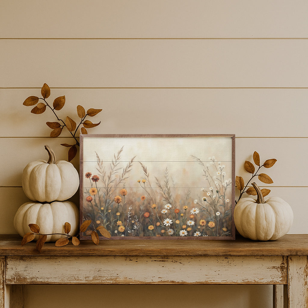 Fall Field With Mums & Daisies Wood Framed Print