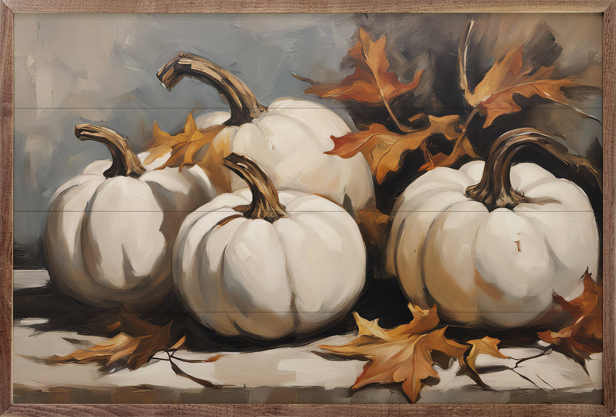 White Pumpkins With Leaves Wood Framed Print