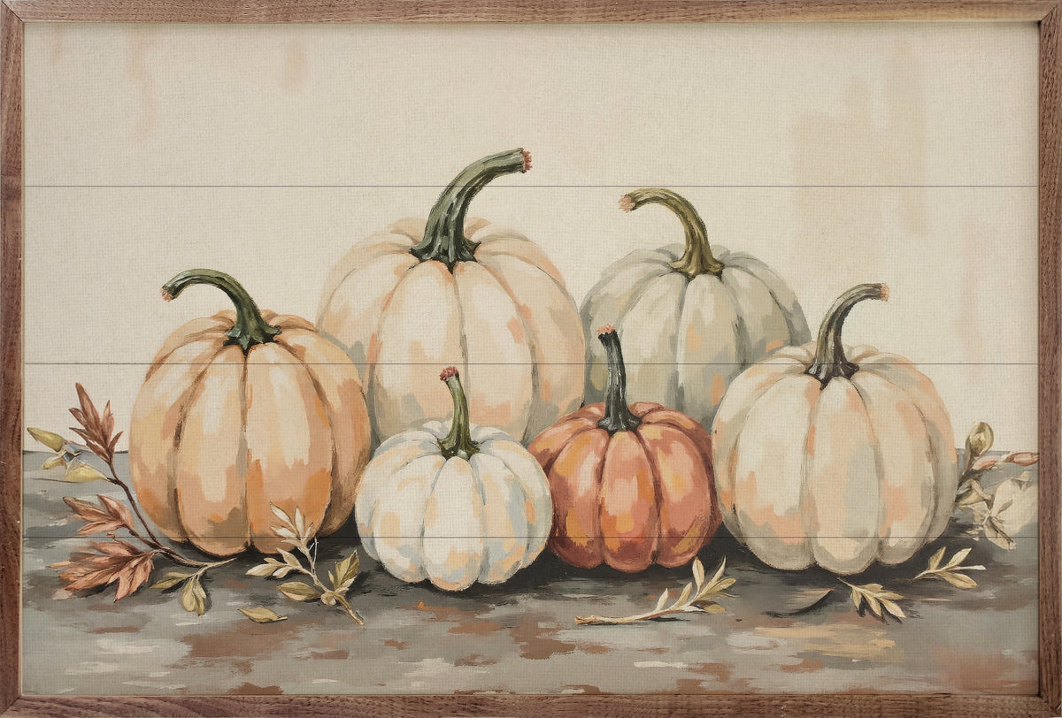 Gathered Pumpkins On A Tabletop Wood Framed Print
