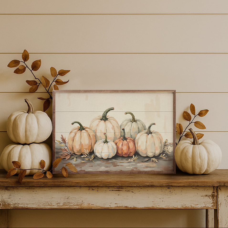 Gathered Pumpkins On A Tabletop Wood Framed Print